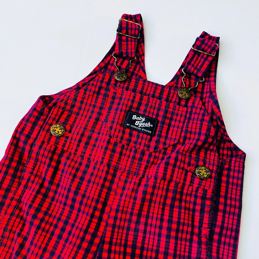Vintage OshKosh B'gosh Denim Bib Overalls 6-9M Plaid Made in USA Cotton